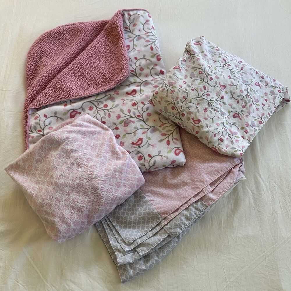 3 Piece Baby Girl Crib Bedding Set Birds Pink Lavender Floral & Carrier Cover